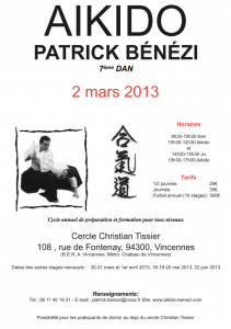Stage aikido avec Patrick Bénézi à Vincennes le samedi 2 mars 2013