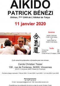 Stage avec Patrick Bénézi SHIHAN à Vincennes le samedi 11 janvier 2020
