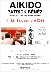 Stage avec Patrick Bénézi SHIHAN à Vincennes le vendredi 11, samedi 12 et dimanche 13 novembre 2022