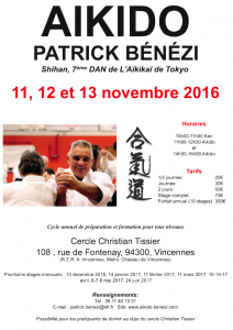 Stage avec Patrick Bénézi SHIHAN le 11, 12 et 13 novembre 2016 à Vincennes